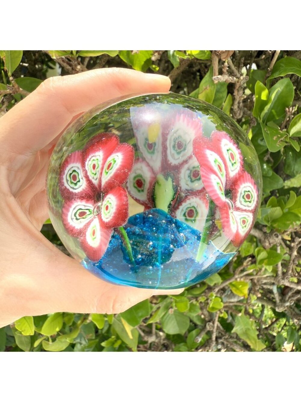 Vintage Millefiori Art Glass Ice Pick Flowers Paperweight Pink Blue Green